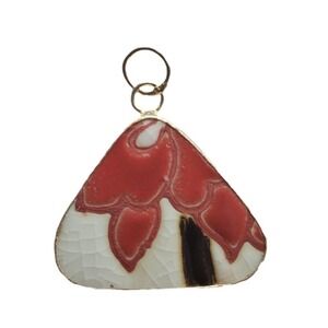 Pottery Shard Pendant Red Floral Crackle Glaze Triangle Porcelain Focal Jewelry